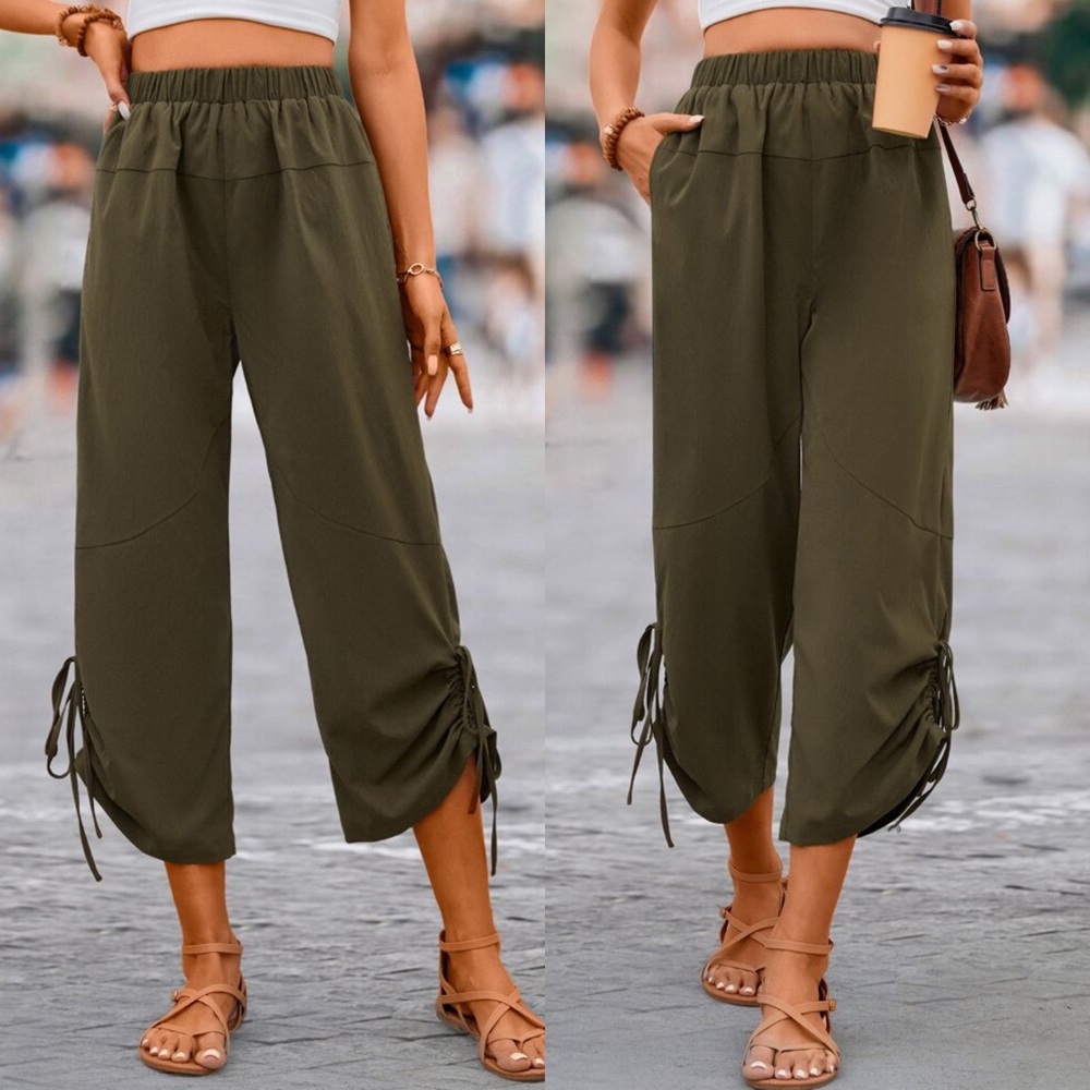 🍃 CASUAL ARMY GREEN HIGH WAIST LOOSE FIT PANTS!